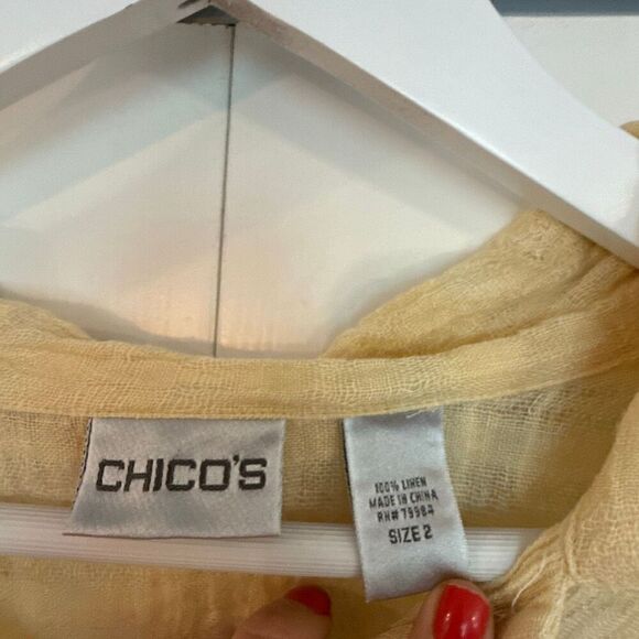 Chicos 100% butter yellow linen gauze collared blouse 2 large - Picture 3 of 10